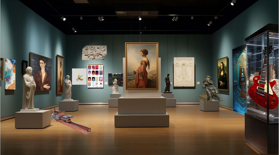 A room full of artefact, looking like a museum with paitings, statues and a gutair
