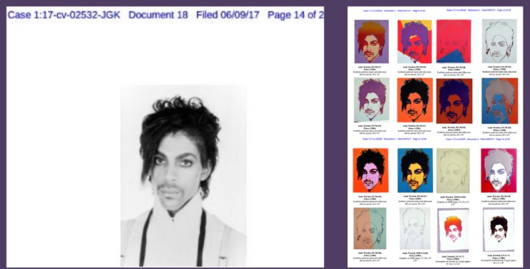 A two-part visual with both sides presenting different content. On the left side is a black-and-white photograph of the musician Prince. He is shown looking directly into the camera with a serious expression. This image captures his distinctive hairstyle and clothing (a high-collared shirt with dark suspenders). On the right side, a grid of various colourful photos that appear to be artistic renditions of the same photograph of Prince on the left. The different versions explore multiple colour schemes and creative interpretations, each image modifying the original in terms of background, colour saturation, or style. The image follow a pop-art style, with some resembling the iconic work of artists like Andy Warhol, who was known for his colourful, repetitive portrait style. Above the image, there is legal document information indicating it is part of a case file: Case 1:17-cv-02532-JGK Document 18 Filed 06/09/17 Page 14 of 25.