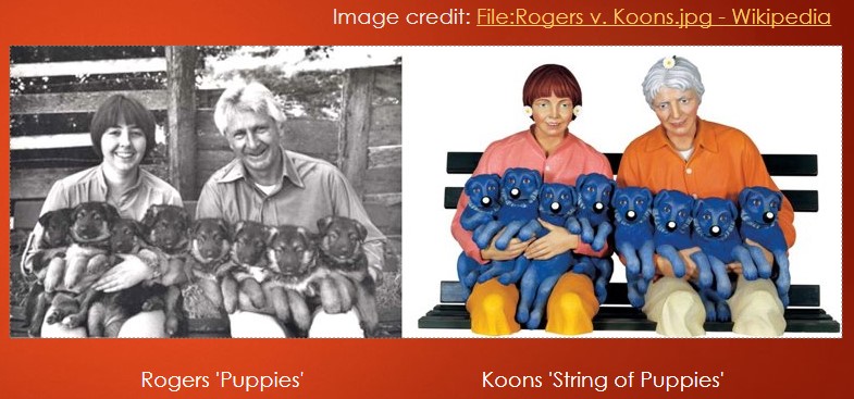 The image consists of two side-by-side pictures. The left image (Rogers' Puppies) is a black-and-white photograph of a man and a woman sitting side by side, each holding multiple puppies. Both the man and woman are smiling, and the scene has a rustic, farm-like setting with a fence in the background. The puppies appear to be identical, likely of the same breed, and are sitting on their laps. The Right Image (Koons' String of Puppies): This is a brightly colored, stylized sculpture that mirrors the left photo. The figures of the man and woman are highly exaggerated, almost cartoonish. They have smooth, shiny surfaces, and the puppies are painted in a striking blue color. The human figures are similarly posed to the original photo but are rendered with orange and pink clothing, and the entire scene feels artificial and playful. The main difference between the two images is the medium and style. The left is a naturalistic photo, while the right is an exaggerated, whimsical sculpture with vibrant colors and a surreal quality.